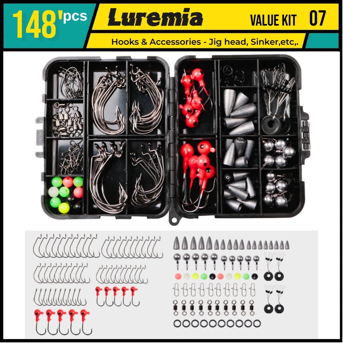 Luremia Fishing Tackle Value Pack 07 (148pcs) - Hooks & Accessories